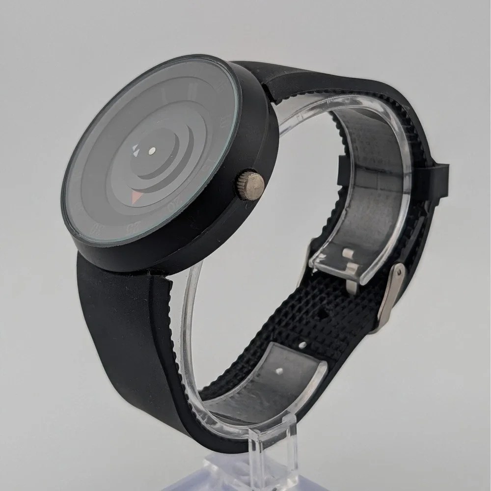 Men's 44mm Black Rotating Disc Mystery Dial Quartz Watch Rubber Strap